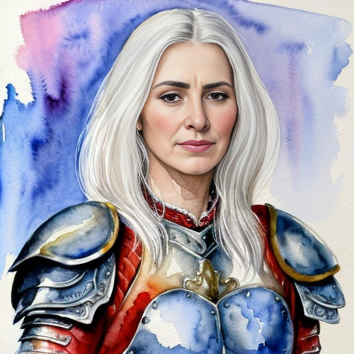 young, tall, white-haired woman in armor is sad because a Turkish man stole her knife.