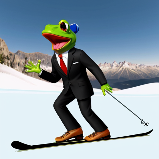 animated frog wearing a suit and tie with cool avaitor sunglasses skiing down a mountain

