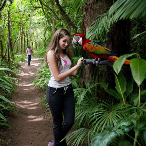 “Teen girl dressing pants, Macaws, monkeys, lush plants surrounding a teen girl on a forest path.”