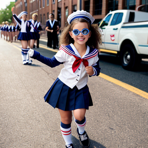 Cute adorable niña Chilindrina glasses con hair lazo curly con verano sailor uniforme escolar con zapatos negros escolar con calcetines blancos con sombrero sailor con grupal con caminar con desfile Estados Unidos América bandera con ciudad 62