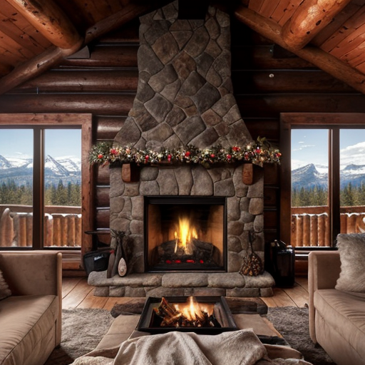 Photo in portrait mode of a warm fireplace burning in a cozy log cabin with a view of snowcap mountain overlooking a clear as crystal lake