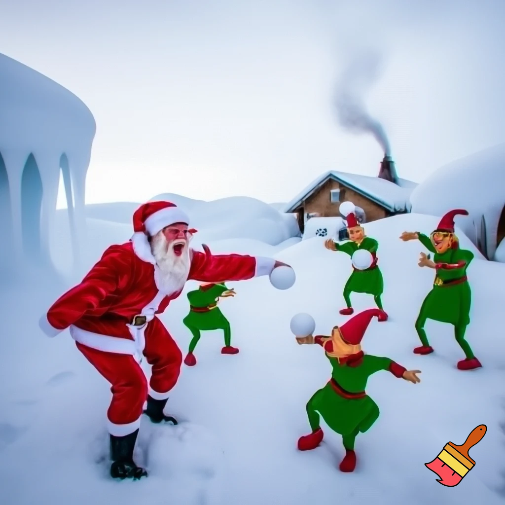 Santa Claus plays snowballs with the elves.
The landscape is that of the North Pole, with Santa's house visible in the distance.