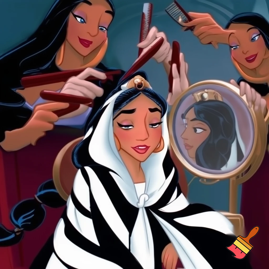 A saddened Princess Jasmine closes her eyes as her slicked-back loose black hair is being sparkling bleached by four hairdressers with gloved hands, combs, and hair dye brushes at the royal hair salon. She’s entirely wrapped around above her chin in a gigantic black-striped white barber cape and a large white towel around her shoulders while sitting in a barber chair with a large salon mirror showing the back of her hair being sparkling bleached. 2000’s Disney art