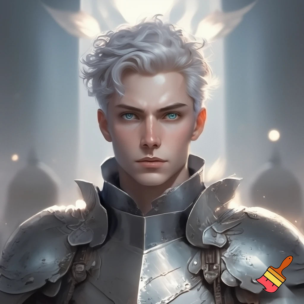 a fair faced man with angelic short white hair and blueish gold eyes. he is also a knight