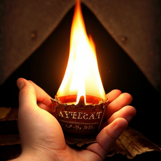 شعلة مضيئة تمسكها يد . و الخلفية مخطوطات قديمة
