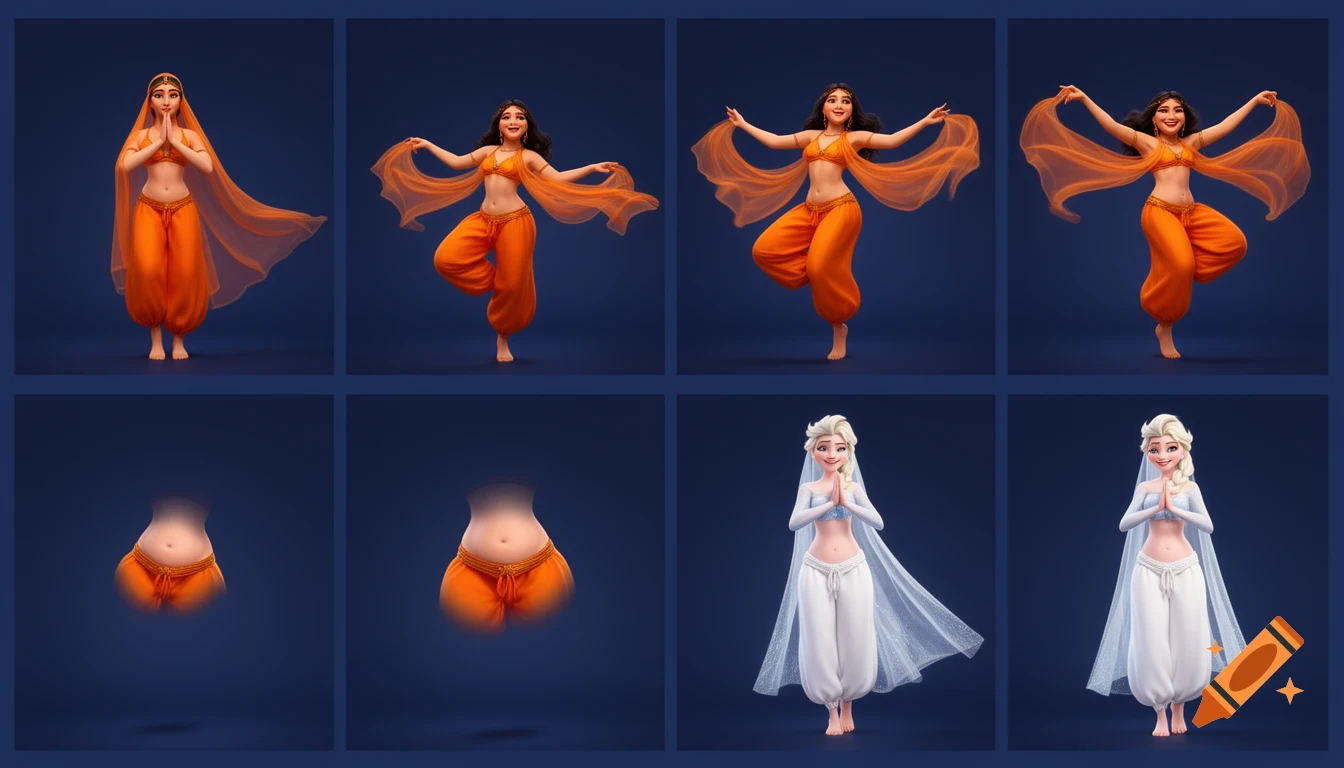 90's disney's 2d aladdin style comic dark blue background and panels of panel 1 raya barefoot with orange harem pants and orange bra and orange curved slippers with both hand palms place together and hiding the bottom of her mouth with a orange veil wrapped around her arms and attached to her head. 
panel 2 she danced with orange harem pants with orange bra and orange curved slippers with a orange veil wrapped around her arms and shoulders and raising legs and bounced up and down her belly and shook her hips left and right. 
panel 3 as raya with orange harem pants and orange bra and orange curved slippers spreading her arms, happily revealing her face to the viewer and giving a smile as she turns around shook her butt left and right. 
Panel 4 raya with orange harem pants and orange bra and orange curved slippers started to fading away , except her belly, which is bouncing around. 
Panel 5 then the ball transforms into the fading in belly of elsa barefoot with white harem pants and white bra and white veil wrapped around her arms and shoulders with her swaying her hips. 
Panel 6 elsa barefoot with white harem pants, white bra and white veil wrapped around her arms and shoulders and with her hand palms place together between her chest and she gives a smile and winking her left eye.  
