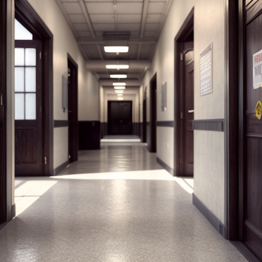 Empty school corridor in the morning, soft sunlight streaming through windows, dust particles floating in the air, nostalgic and calm atmosphere, soft shadows on tiled floor, subtle background of school bell ringing, cinematic Lofi lighting, warm tones, detailed realistic style, soft focus, emotional and serene mood"