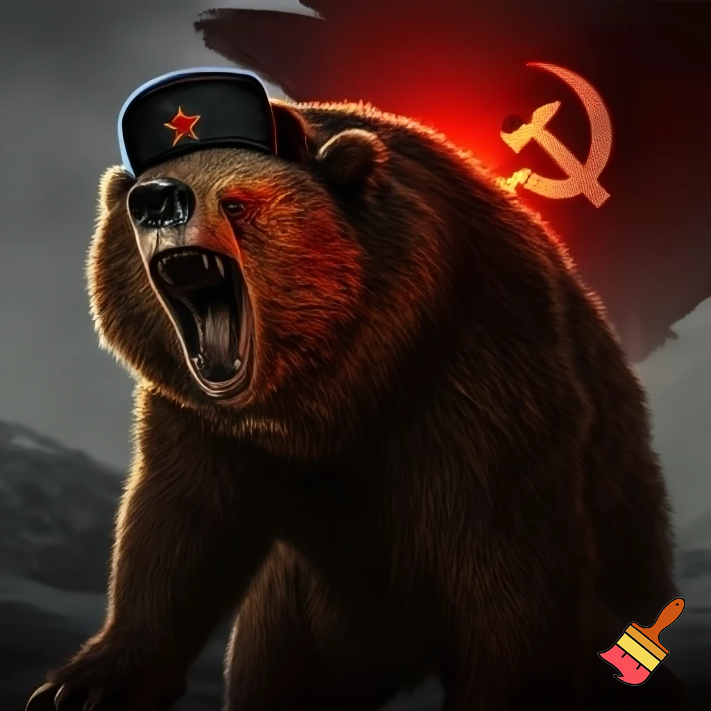 make a bear with a ushanka on with the soviet sign roaring while standing on two legs