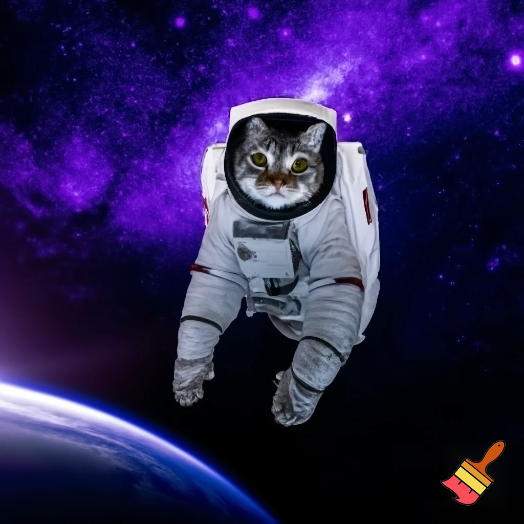 A cat wearing a spacesuit, floating in space, surrounded by purple and blue nebula, with the distant Earth in the background. Digital art, hyperrealistic, cinematic lighting, 8K, depth of field, sharp focus, intricate fur detail.

