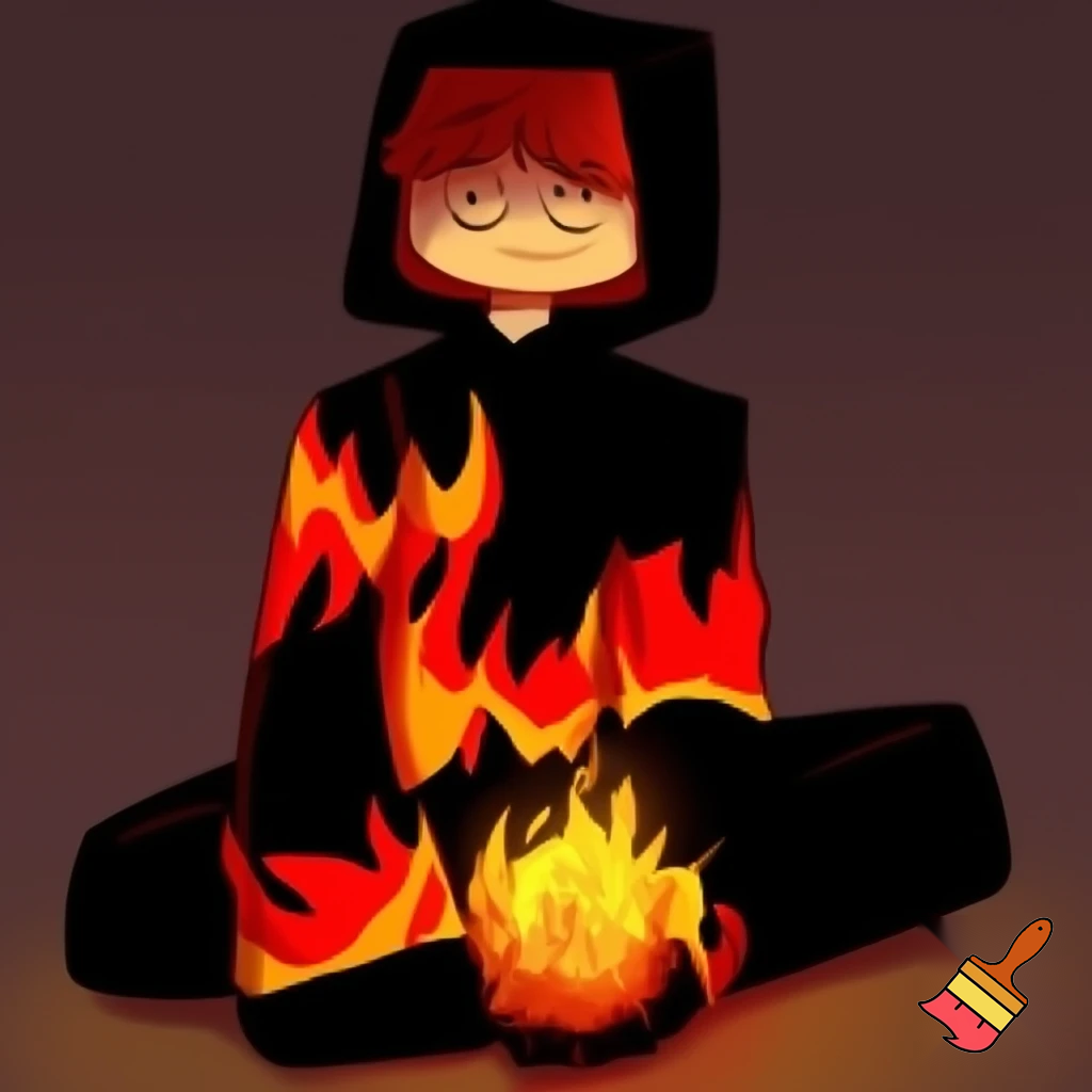 •	“Create a humanized character based on this Minecraft skin design, posed like the left stick figure, sitting casually with one hand holding fire”
	•	“Transform this Minecraft skin into a human character with the same color scheme (black, red, yellow/gold), in a relaxed sitting pose with fire in one hand”
	•	“Humanoid character design based on Minecraft skin: black hoodie with red and yellow flame details, sitting cross-legged, holding fire, simple stick-figure style”
More detailed version:
	•	“Character design: human/humanoid figure sitting in relaxed pose (cross-legged), wearing black clothing with red and yellow flame patterns, holding fire in one hand, simplified/stylized art style similar to stick figures but with more form”
Tips for better results: