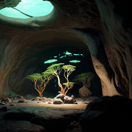 underground cavern inspired by Pikmin, organic tunnels, glowing roots on the ceiling, central water basin with a small rocky island, bioluminescent plants, soft blue and green light, natural alcoves in the walls, darker shadow zone in the back, fantasy cave map style
