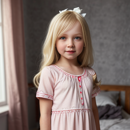 russian little girl, blonde long hair, nightdress, bedroom background