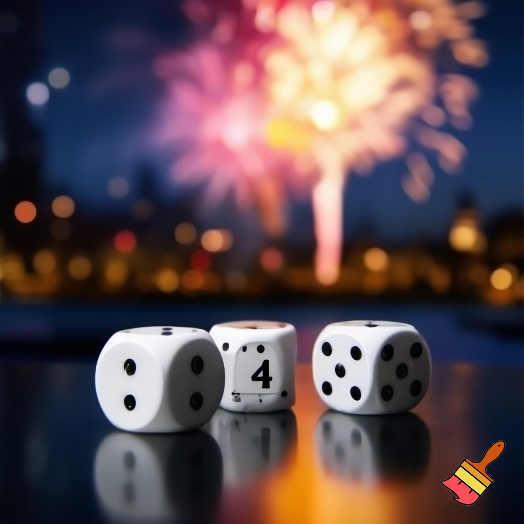 erstelle ein foto mit drei würfeln, der linke würfel hat auf jeder seiner sechs flächen nur die 2 als augenzahl, der mittlere würfel hat nur die 4 auf jeder seite, und der rechte würfel hat nur die fünf als augenzahl, es sind weiße spielwürfel auf einer tischplatte, im hintergrund sieht mein ein silvesterarrangement mit feuerwerk, romantisches bild
