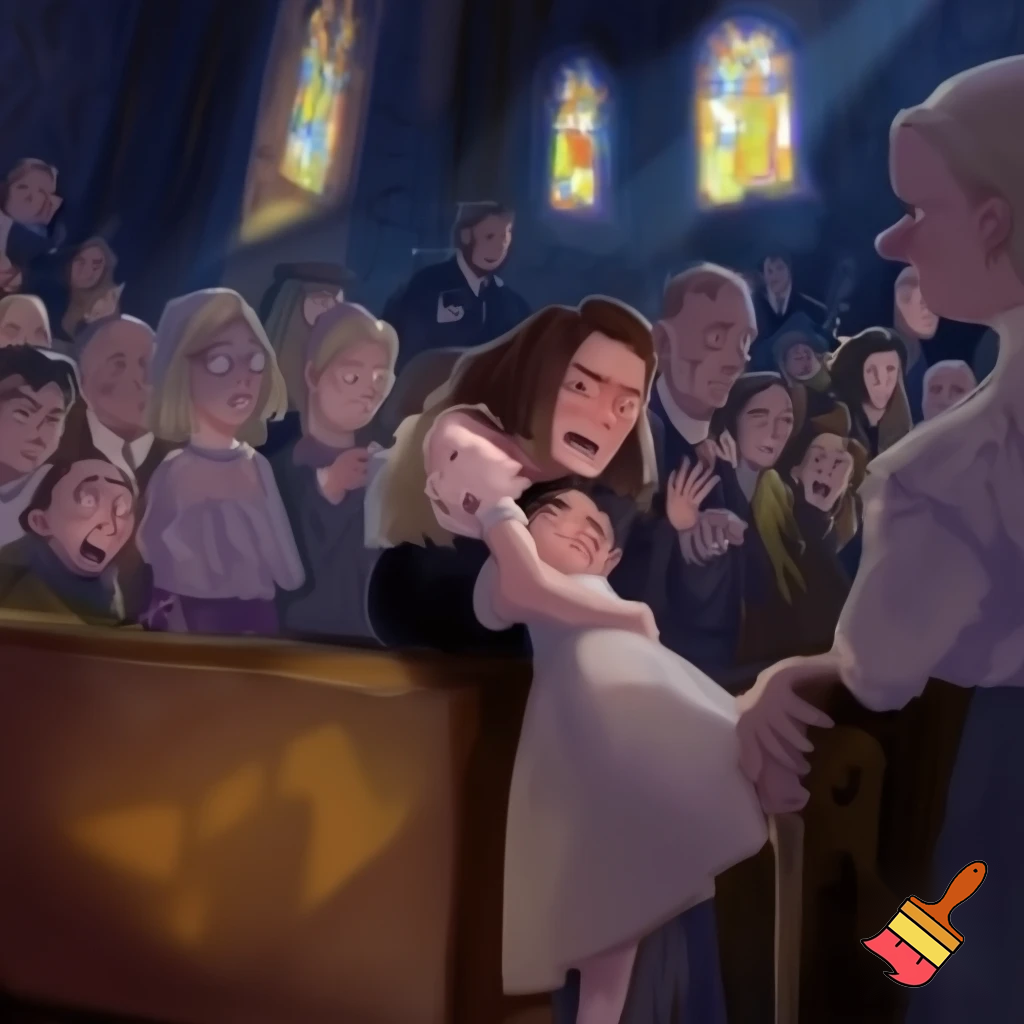 Create a girl that fainted in church and someone is carrying her while all the people look worried