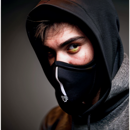 a guy in a black hoodie, wearing a black mask that covers his nose and mouth, wearing black sweaty dirty socks, showing the bottom of his socked foot, looming above the camera like a giant