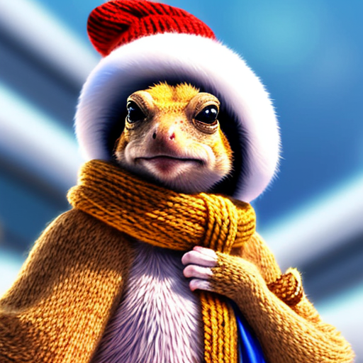 A laughable, puzzled animal toad in woolen, multicoloured winter clothings with woolen winter cap. Hyperrealistic style.