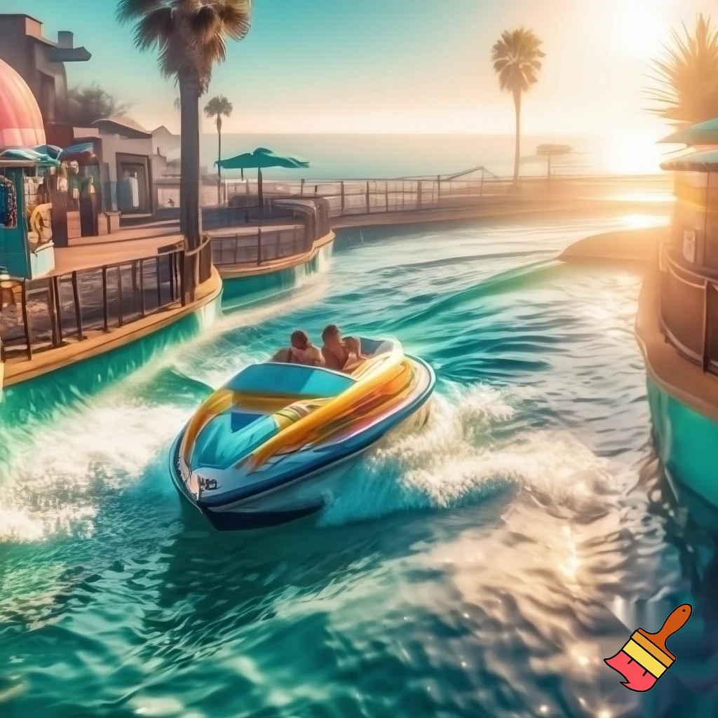 Create a realistic water boat theme park ride inspired in beachy Malibu with a fun vibe. Add path