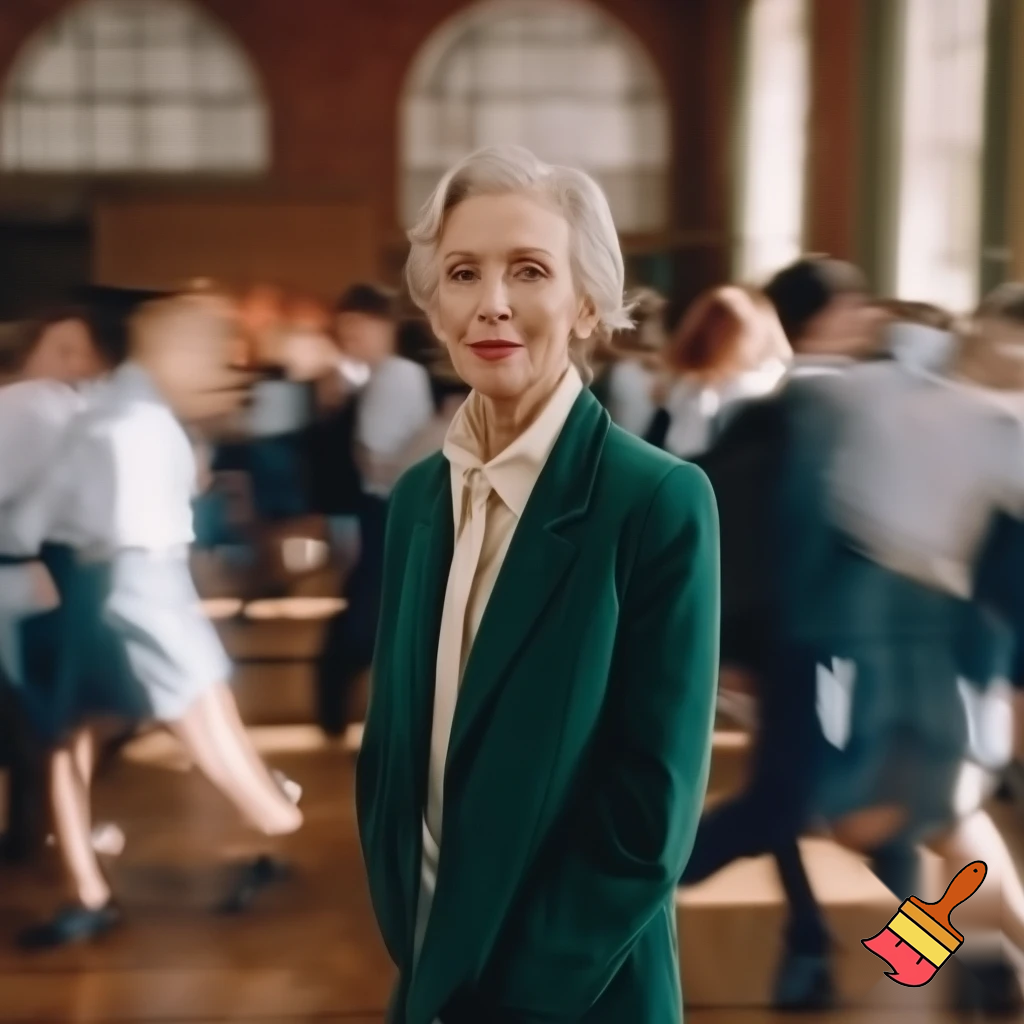 Make an image of a rich older woman at a school.
