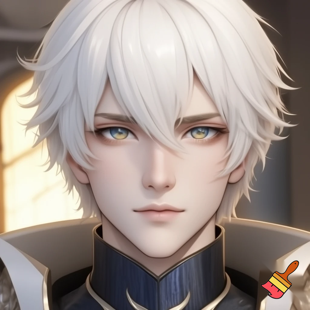 a fair faced man with angelic short white hair and blueish gold eyes. he is also a knight