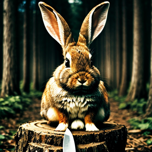European rabbit, holding knife, dark forest, evil,