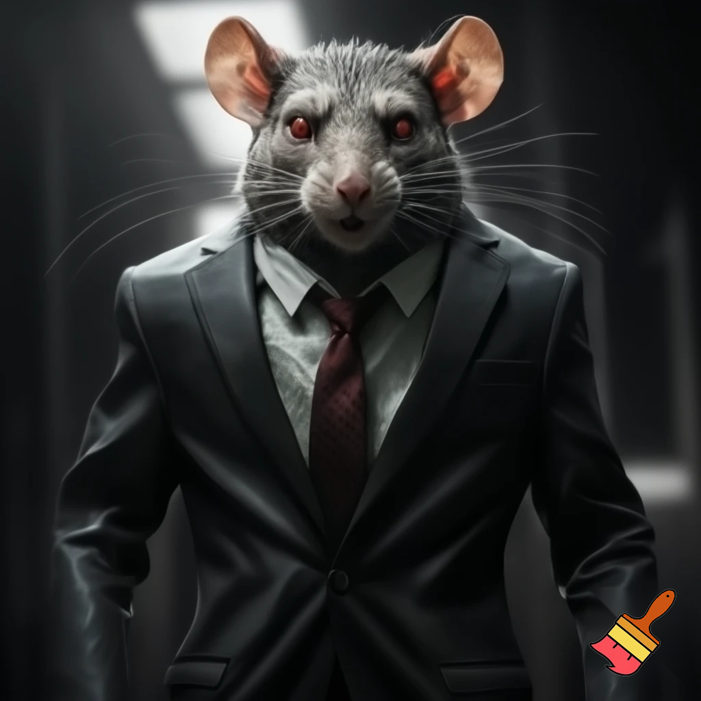 fierce smirking rat, neat business suit, mugshot red eyes, sinister 