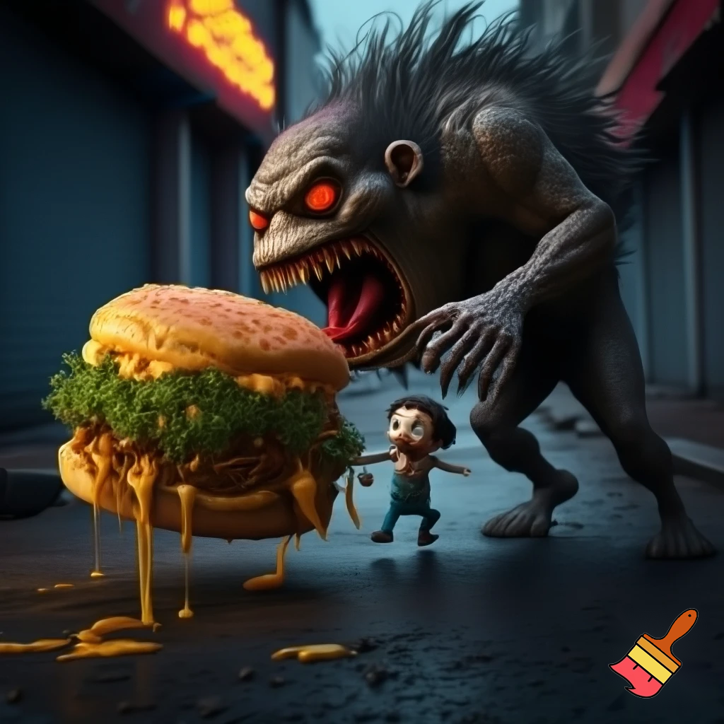 use a small chap eating a massive burger while getting chased by a terrifying monster