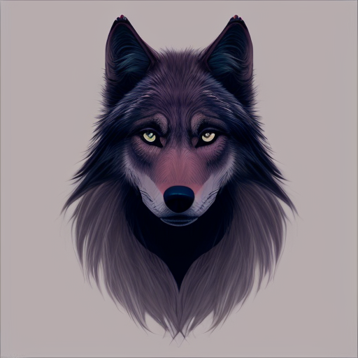 Anthropomorphic female black wolf with long pretty hair and purple eyes 