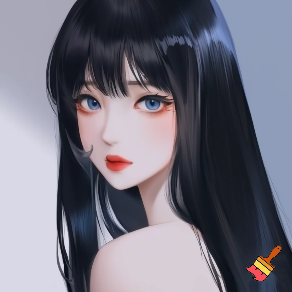 Female lead manhwa long black straight hair , ocean blue eyes, white skin look like Asian ,red lips