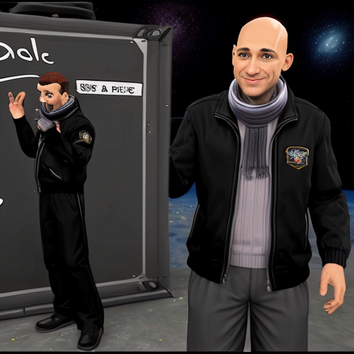 грю(представляет из себя худого лысого человека с длинным носом и ногами. Носит он практически всегда одно и тоже: черную куртку и брюки, серый свитер и такой же шарф.)танцует в космосе с табличкой на которой написано DARK STEEL