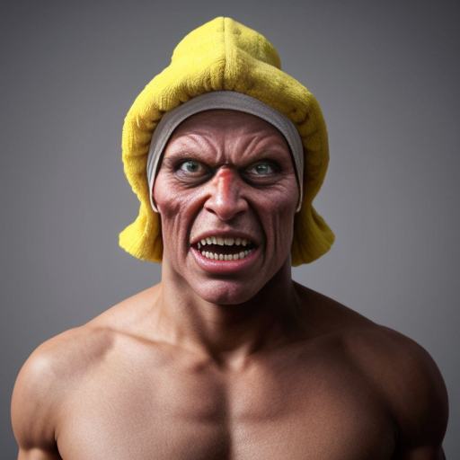 peux tu générer un homme requin humanoide  qui porte un costume jaune abimé. Ses bras protent  des ailerons de requins. Il est musclé et à l'air méchant. Il porte un chapka russe sur la tête. représente le de plein pied et insiste sur son côté requin terrifiant.