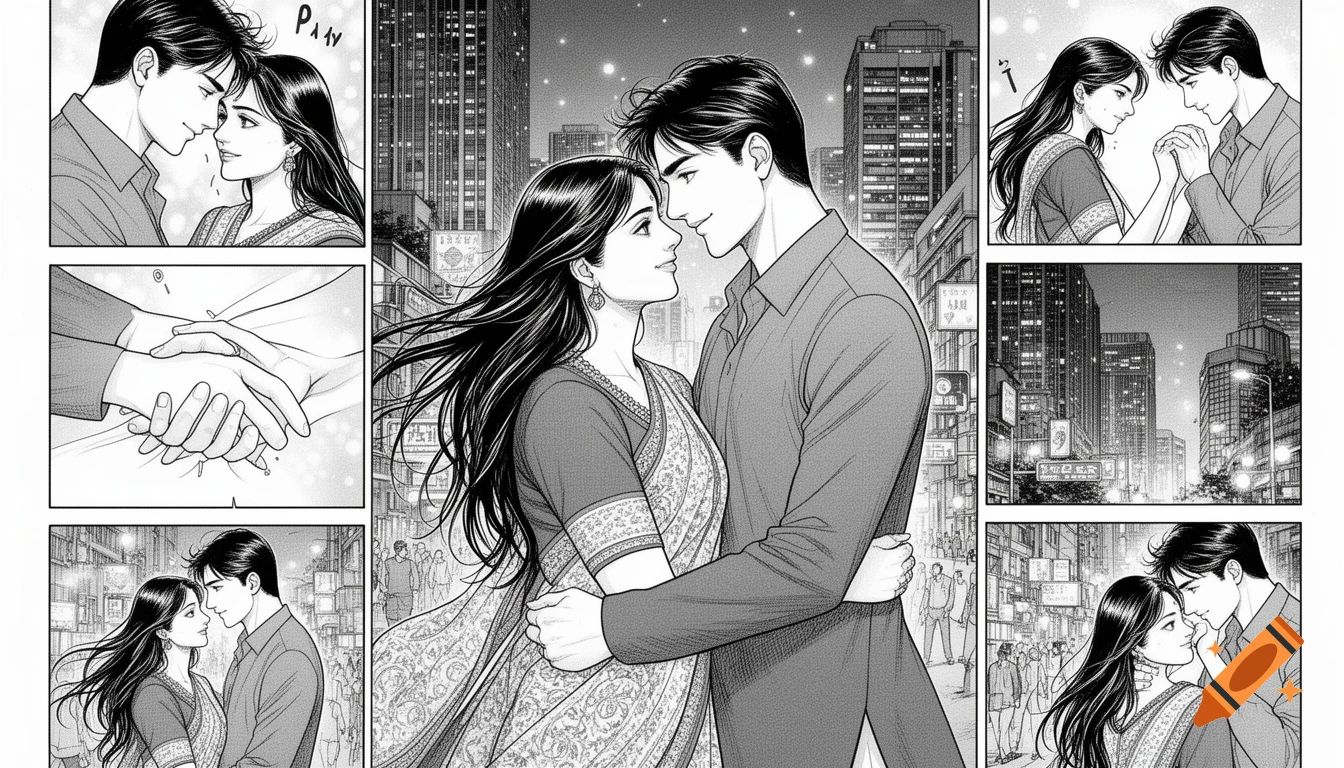black and white manga first page, Indian couple in love living abroad, modern city outside India, soft romantic atmosphere, detailed ink line art, Japanese manga style, expressive emotions, gentle body language, cinematic composition, manga panel layout, no color