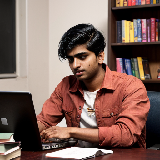 Aryan, 21-year-old Indian engineering student, medium wheatish skin, wavy black hair, brown eyes, clean-shaven face, red overshirt jacket, white t-shirt, dark jeans, studying at desk, laptop open, books scattered, same character design, cinematic horror animation