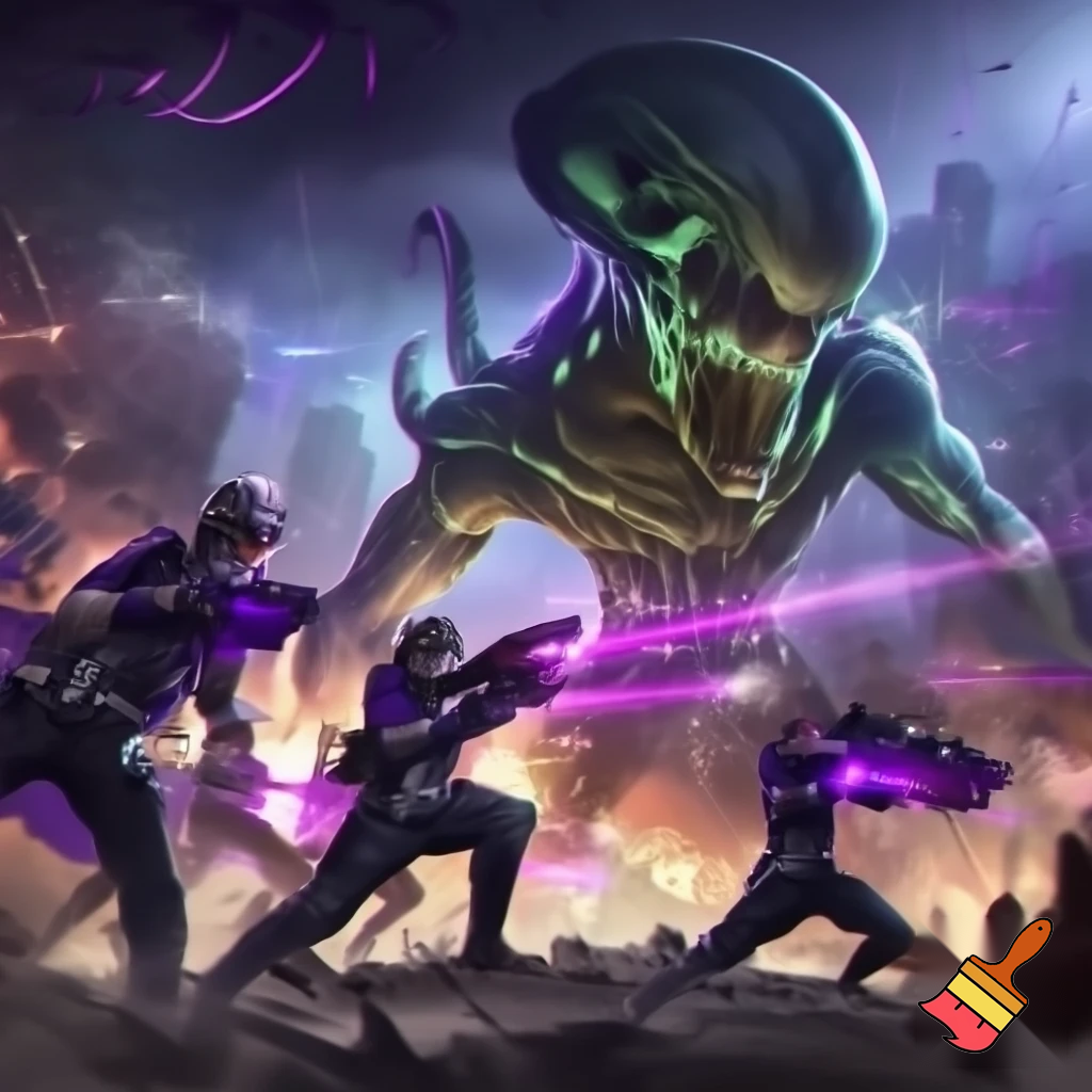 esports team the London royal ravens fighting a big alien wearing mr beasts head