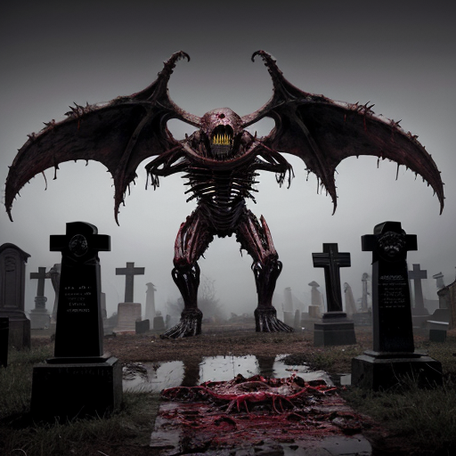 A photorealistic, hyper-detailed dark fantasy horror scene. A colossal, floating bio-mechanical leviathan hovers menacingly over a foggy, desolate graveyard. The creature is a grotesque fusion of rotting, dripping flesh, exposed muscle, and dark metallic machinery, featuring a massive gaping maw with jagged teeth and numerous intensely glowing red optical sensors dotting its body. Viscous gore drips from its underbelly. In the foreground, heavily mutilated humanoid corpses covered in wet blood and raw flesh are rising from muddy, open graves among weathered stone crosses. The atmosphere is grim, cinematic, and terrifying, with thick atmospheric fog, a dark overcast sky, and stark contrast between the desaturated greys of the cemetery and the vivid, glowing crimson reds. Shot on 35mm lens, 8k resolution, highly realistic texturing.