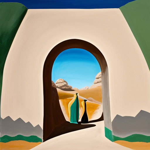 Paint the stones of a desert arch with multiple abstract figures in Tanguy and Matisse style