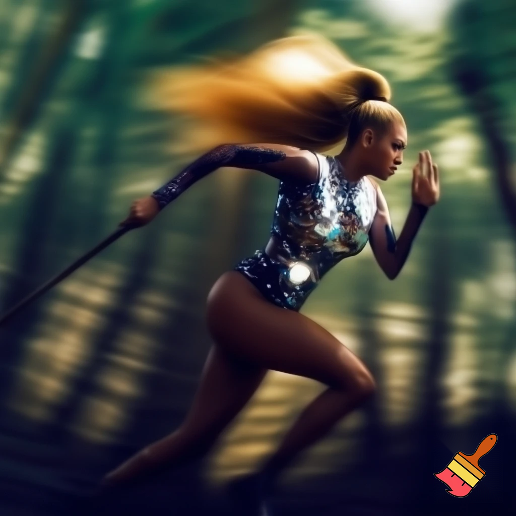 Beyonce with honey blonde slick ponytail runnning blurry photo with a diamond bodysuit chasing with a stick angry trough the woods