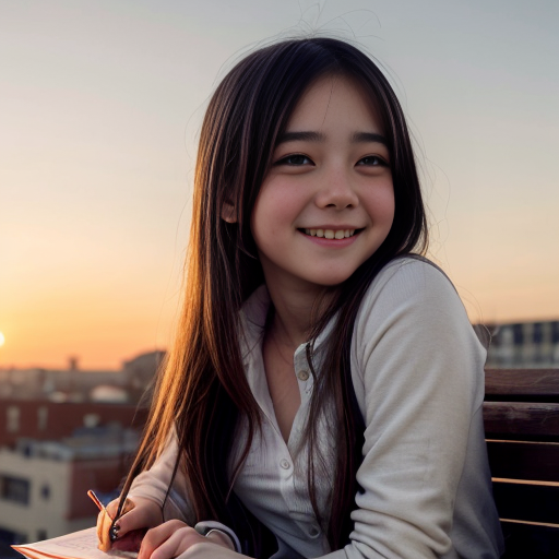 Anime girl standing on school rooftop during sunset, soft blue and orange sky, wind playing with her long hair and school skirt, golden sunlight glowing on her face, smiling shyly, waving hand, anime boy sitting on bench in distance, sketching her in a notebook, blush on boy's face, romantic and emotional atmosphere, detailed anime style, cinematic lighting, soft shadows, warm tones, high detail focus on girl's expression"