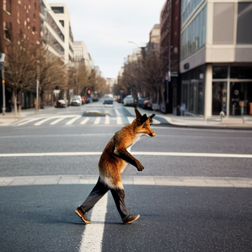Ein Fuchs als Mann geht über eine Straße.