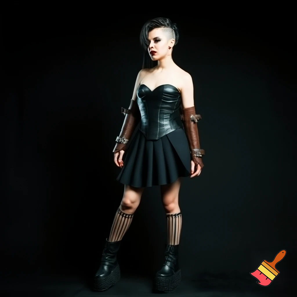 Woman with an undercut and bold makeup wearing a collar, buckle arm warmers, a corset, a pleated skirt, vertical striped stockings and platform boots 