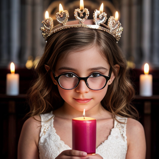 Cute adorable niña Chilindrina glasses con hair curly Blonde con corona Flores con verano elegante formal primera comunión sensual sexy con holding vela dé candela con altar con iglesia templó católico 1