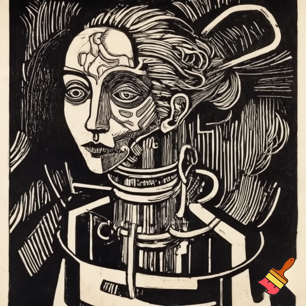 Bio-mechanical girl portrait, noise art. In the style of a 1920's German Expressionist woodcut print. Black & white.