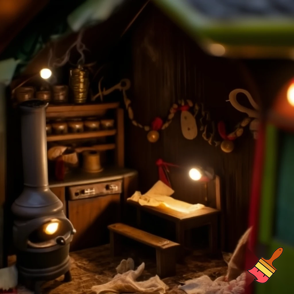 The inside of a small Christmas elf house. Visible chimney, kitchen, desk etc 
