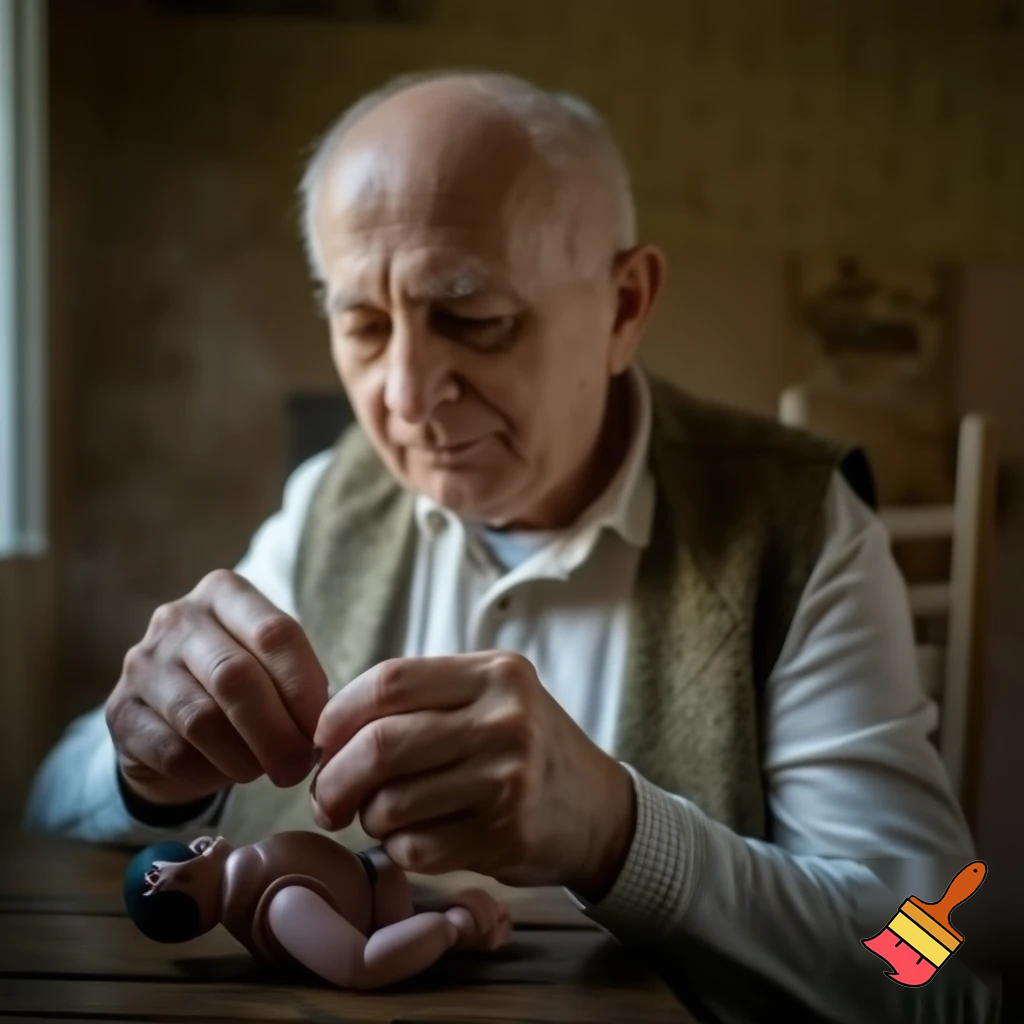 A realistic photograph of an elderly man sitting at a small wooden table, gently repairing a broken doll.
The scene looks natural and lifelike, with soft daylight coming from a nearby window.
The man’s face is warm and kind, with detailed wrinkles and calm eyes.
The background shows a simple cozy room with a nostalgic atmosphere.
Realistic lighting and natural colors.