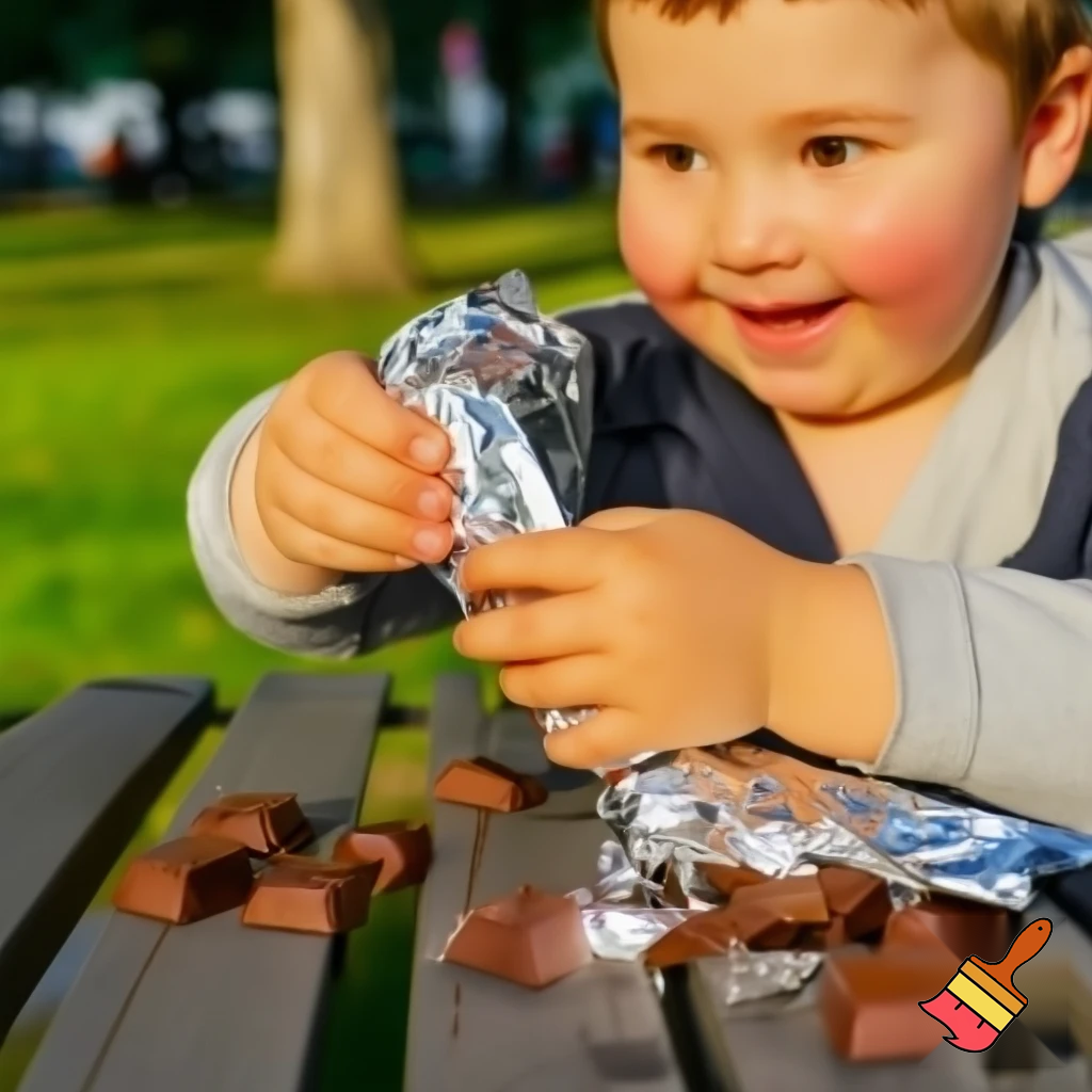 Muéstrame un niño en un parque comiendo chocotejas