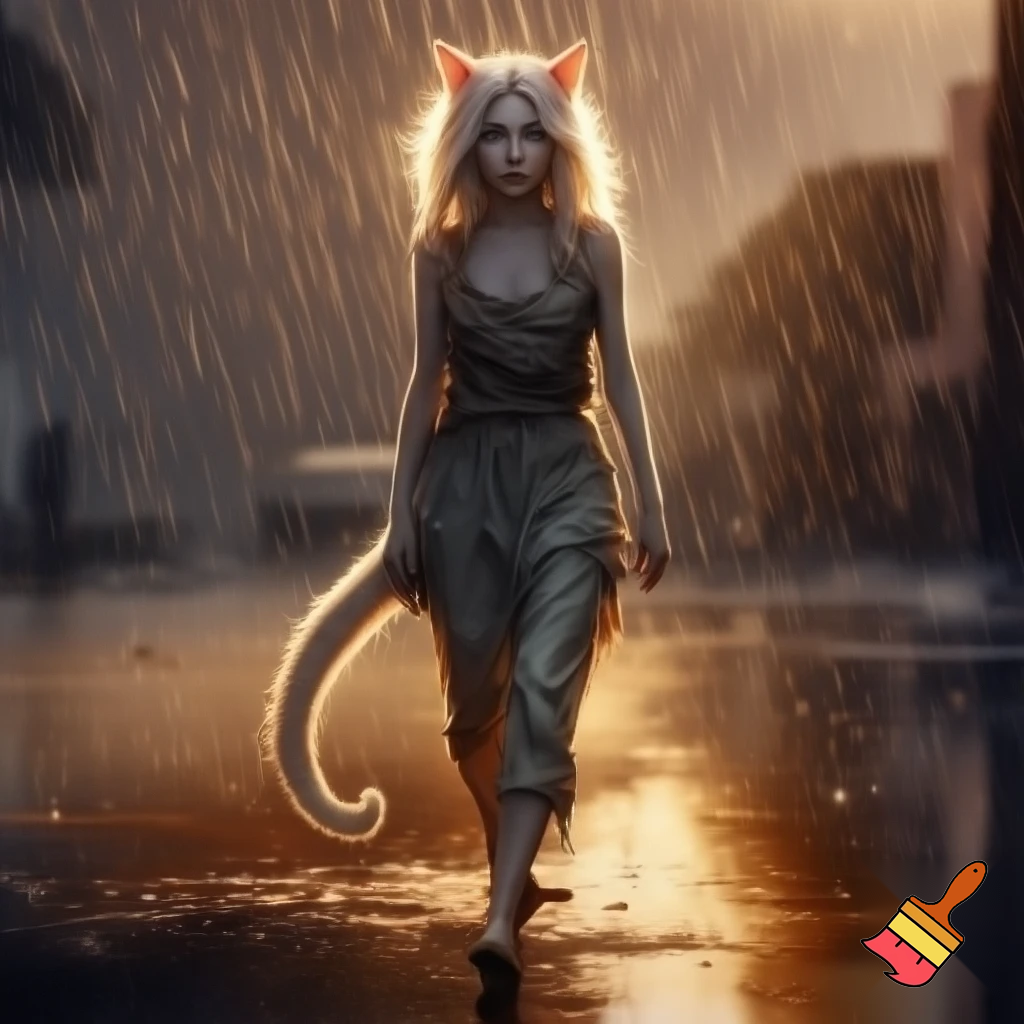 Beautiful 24-year-old white catgirl in torn dirty rags, **NOT pregnant**, slim waist, walking rainy Karachi street at golden hour, white cat ears drooping, long white tail dragging, icy blue eyes full of hope, bright sunlight beams, sparkling wet fur, emotional cinematic portrait, 8k