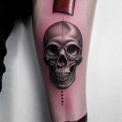 Line art tattoo style of a skull headed knife piercing both a pomegranate and the palm of a hand