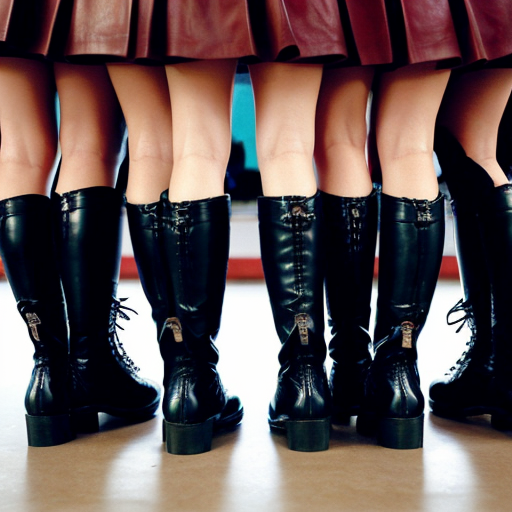 five naked school girls of 18 years old, wearing black high-heal leather boots and mini skirts, no underwear, view from below 
