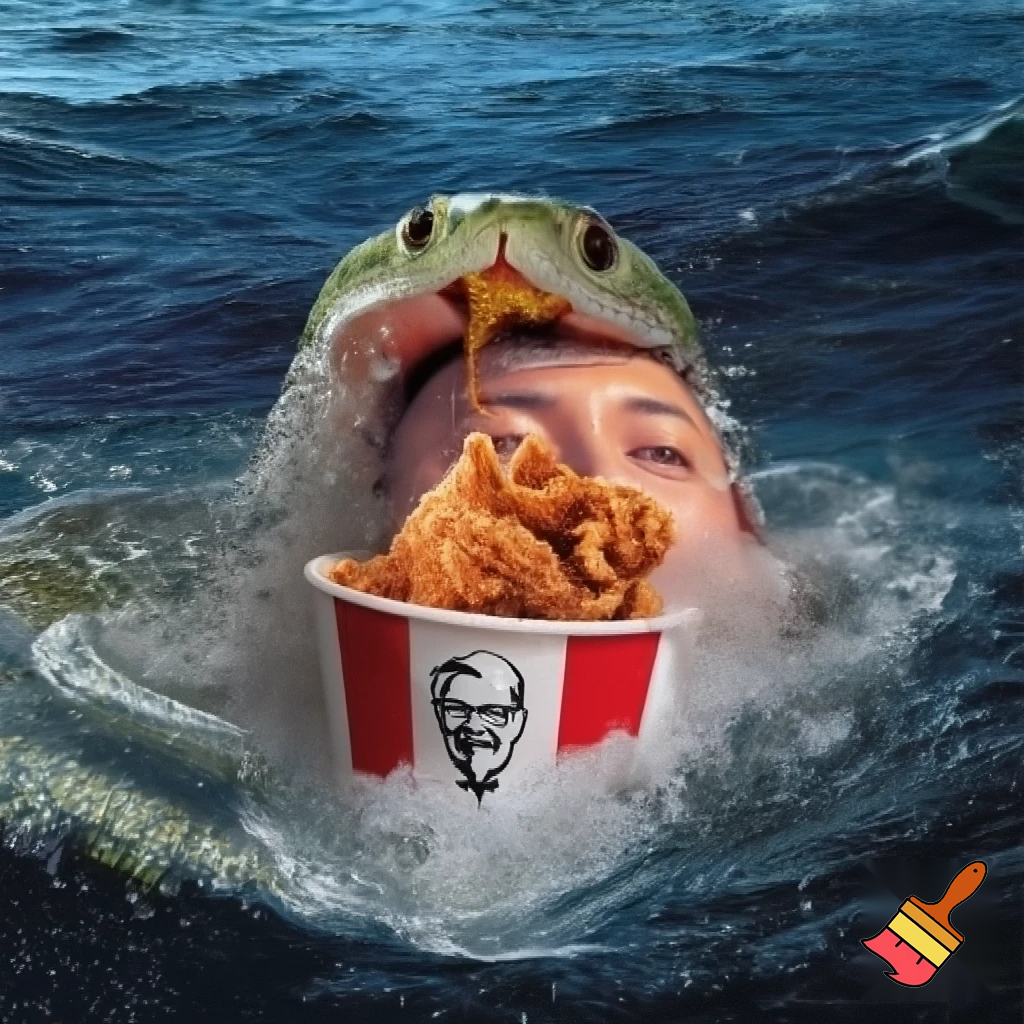 snake with human head in ocean eating KFC
