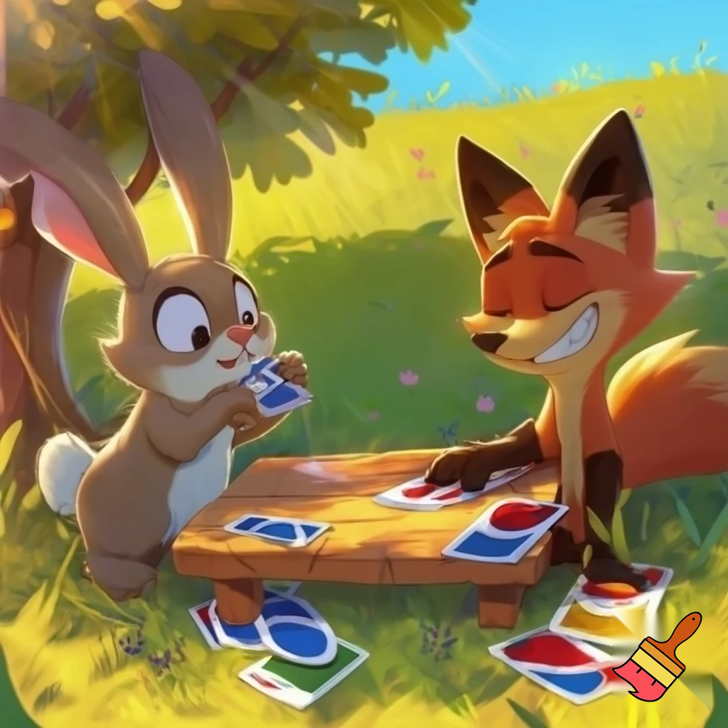 Theme: A rabbit is playing uno with a fox
Lighting: Sunny
Feeling: Joyful
Style: 2D Cartoon
View Angle: Front