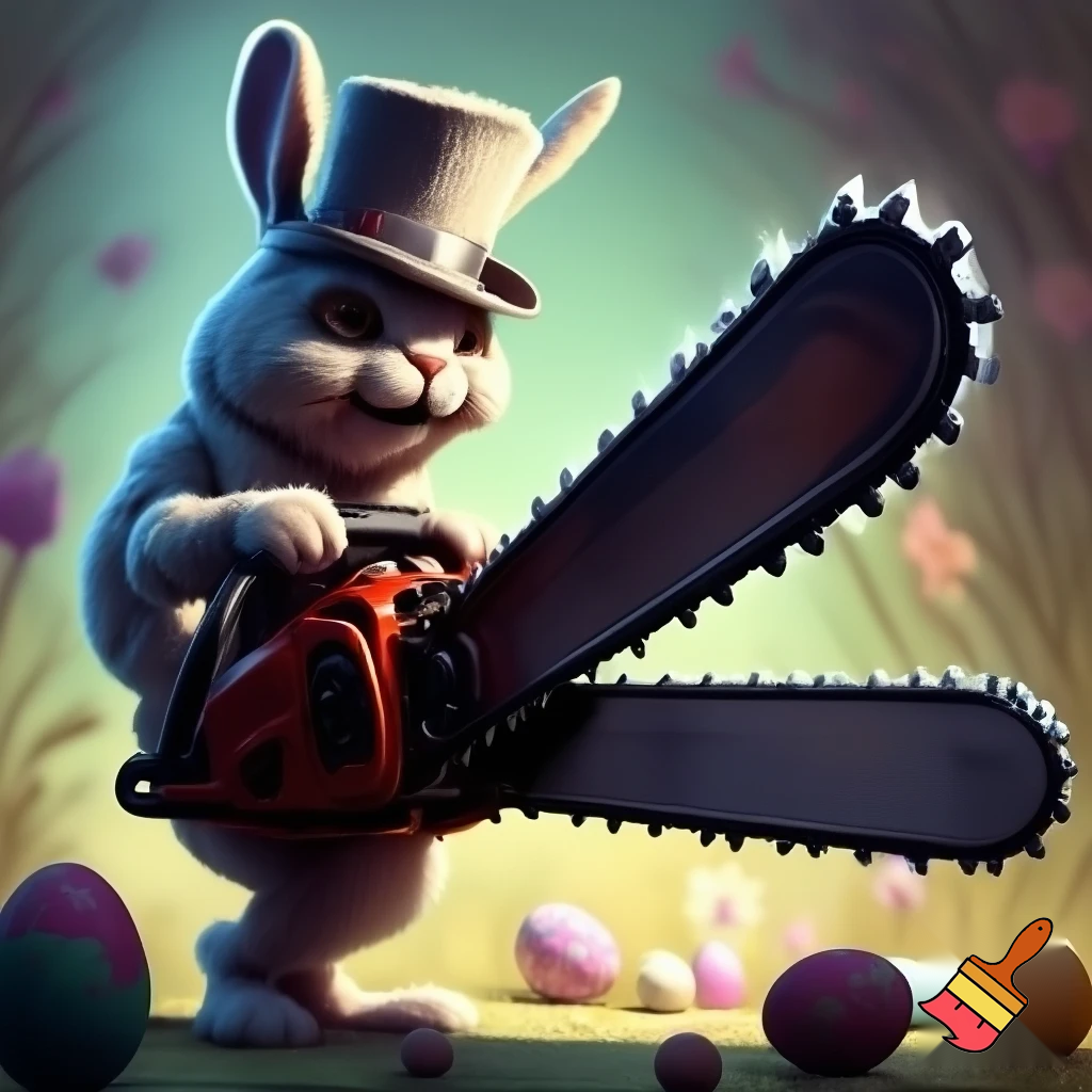 Easter bunny with the top hat Easter bunny mascot costume with a chainsaw a Easter bunny